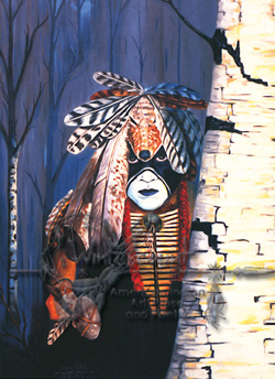 Native American Indian with painted face and feather animal headdress, standing in trees